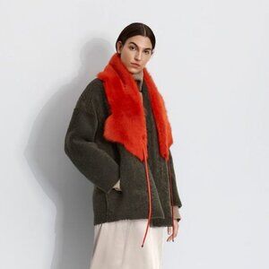 NWT Rare FIery Orange Gushlow & Cole Shearling Shawl Scarf with Leather Tie